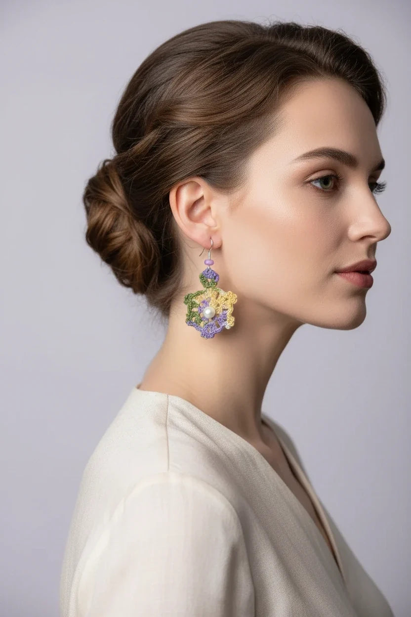 Women’s Handmade Vintage Crochet Fan Earrings – Pearl Bead Boho Style