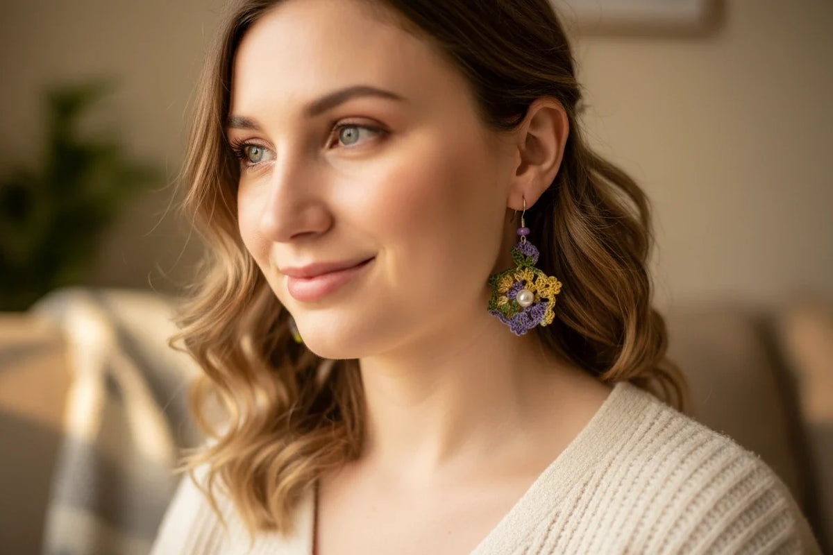 Women’s Handmade Vintage Crochet Fan Earrings – Pearl Bead Boho Style