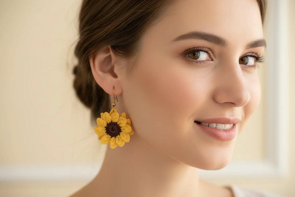 Women’s Handmade Sunflower Crochet Earrings – Boho Thread & Steel Flower