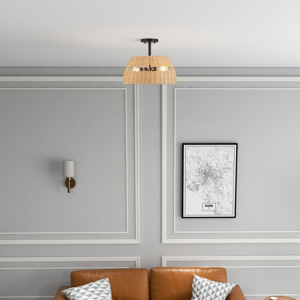 Woven Rattan Semi-Flush Ceiling Light | Black