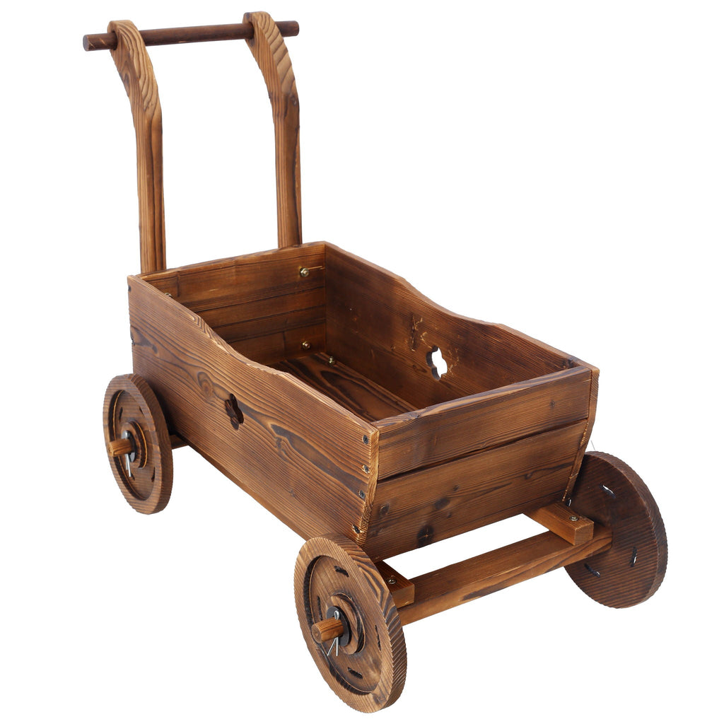 Fir Wood Wagon Planter with Wheels | Brown