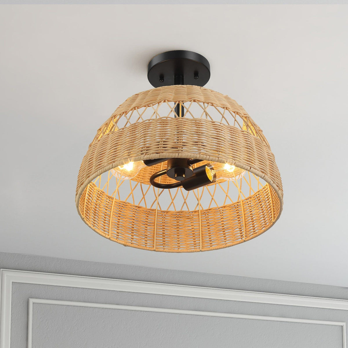 Woven Rattan Semi-Flush Ceiling Light | Black