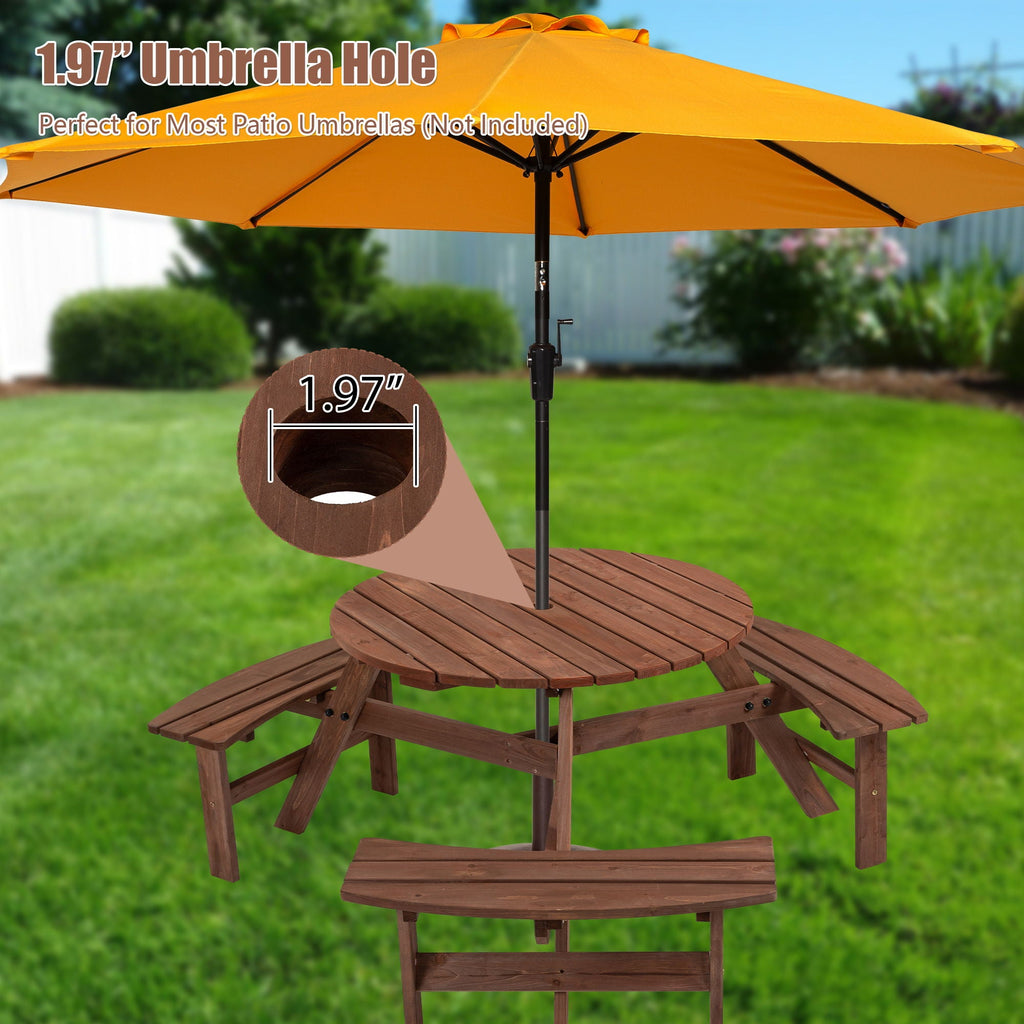 Round Fir Wood Picnic Table with Three Benches | Seats 6