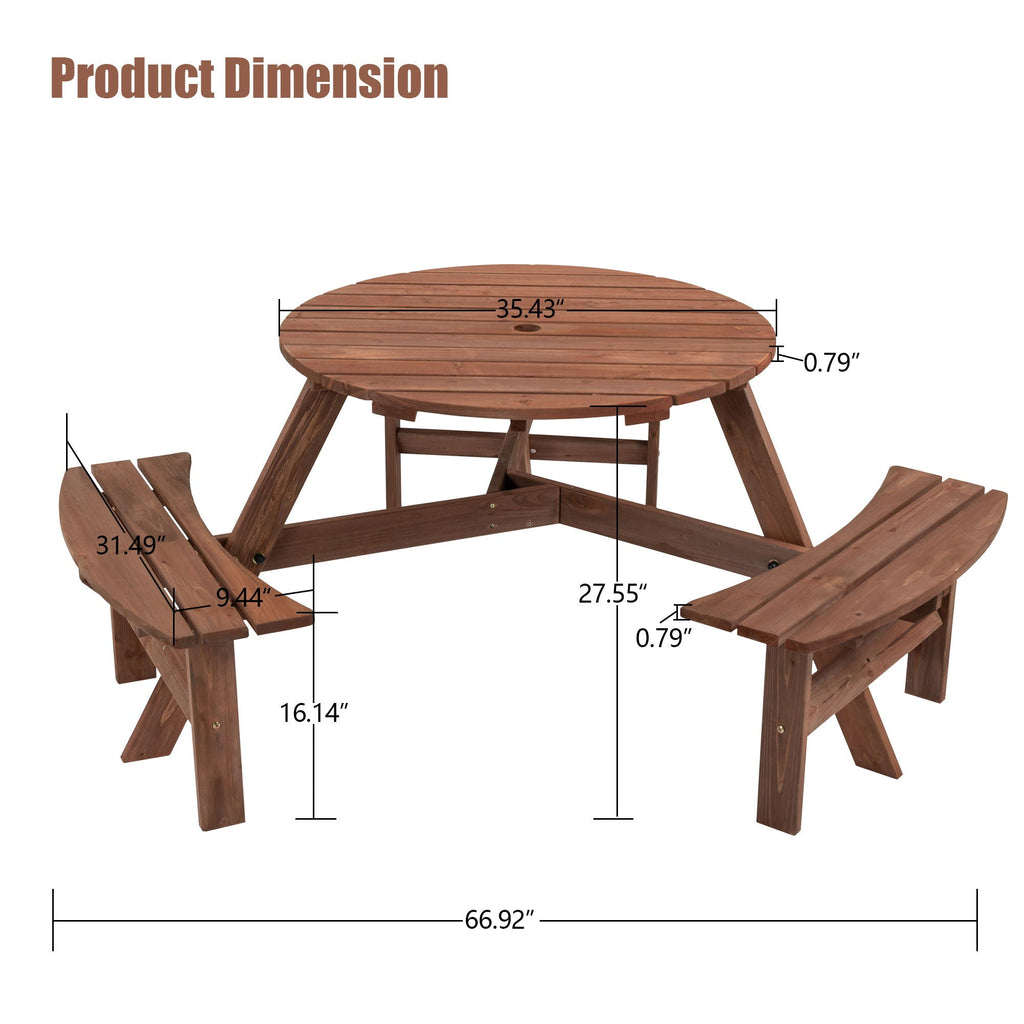 Round Fir Wood Picnic Table with Three Benches | Seats 6