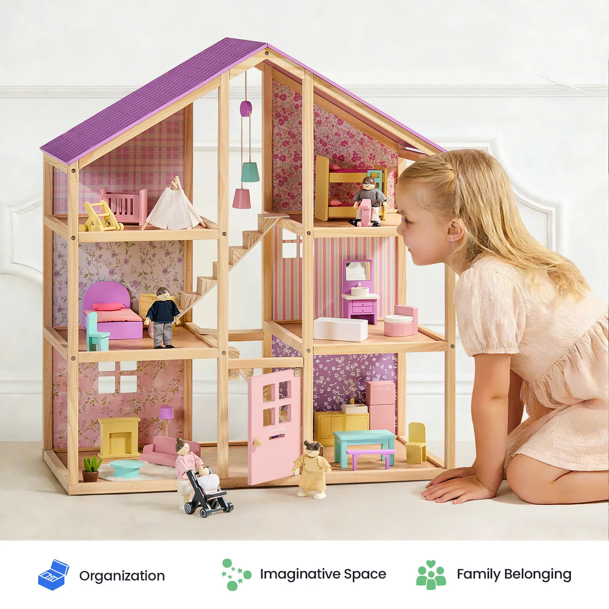 Tiny Land® Sweetwood Wooden Dollhouse with 30 Furniture Pieces
