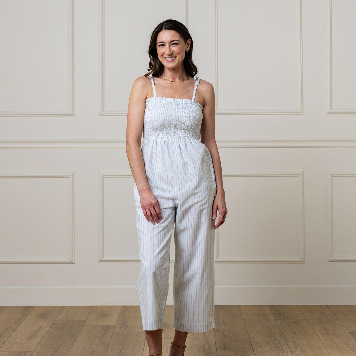 Women’s Organic Cotton Smocked Jumpsuit – Blue Ticking Stripe