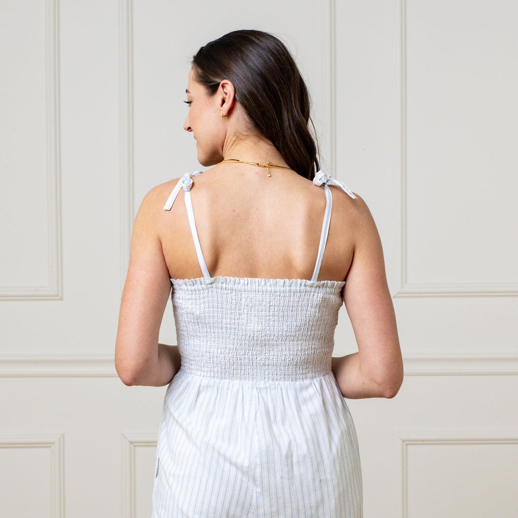 Women’s Organic Cotton Smocked Jumpsuit – Blue Ticking Stripe