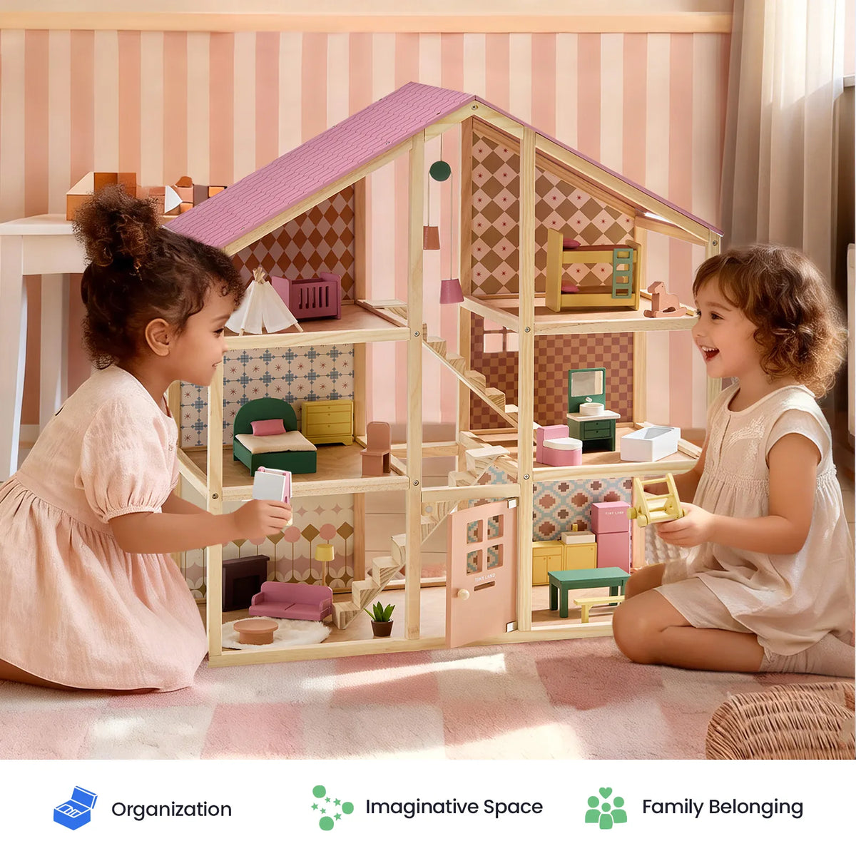 Tiny Land® Sweetwood Wooden Dollhouse with 30 Furniture Pieces