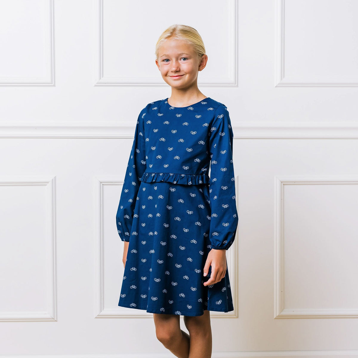 Baby Organic Cotton Blend Ruffle Dress – Navy Bicycle Print