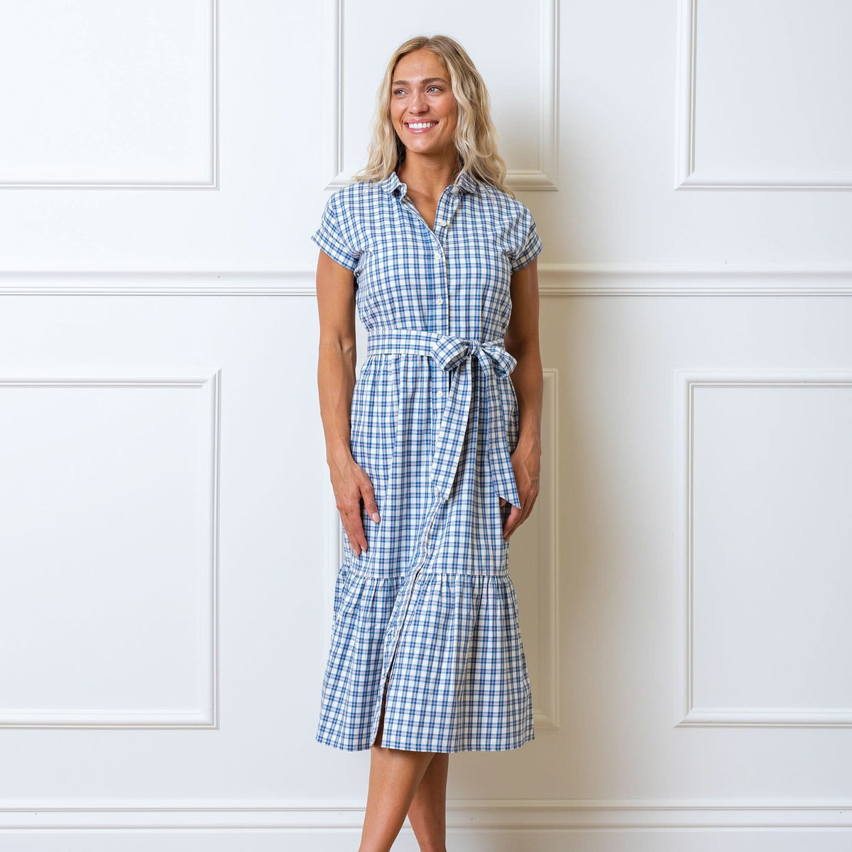 Women’s Organic Cotton Tiered Dress – Ivory & Blue Check