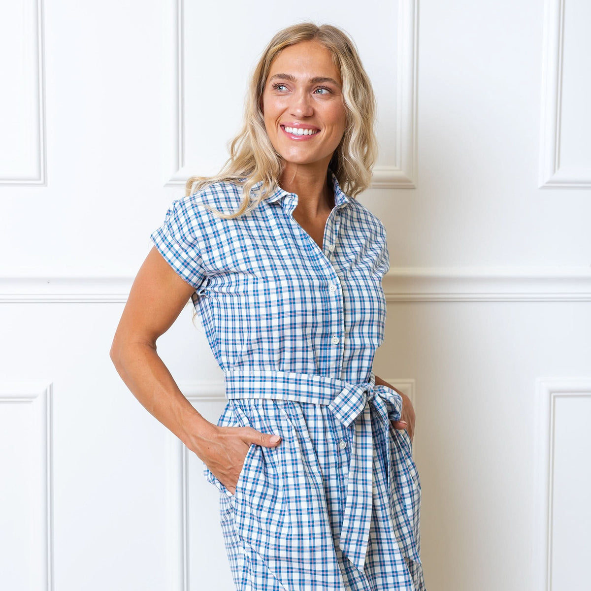 Women’s Organic Cotton Tiered Dress – Ivory & Blue Check