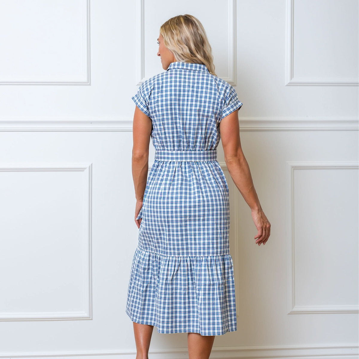 Women’s Organic Cotton Tiered Dress – Ivory & Blue Check