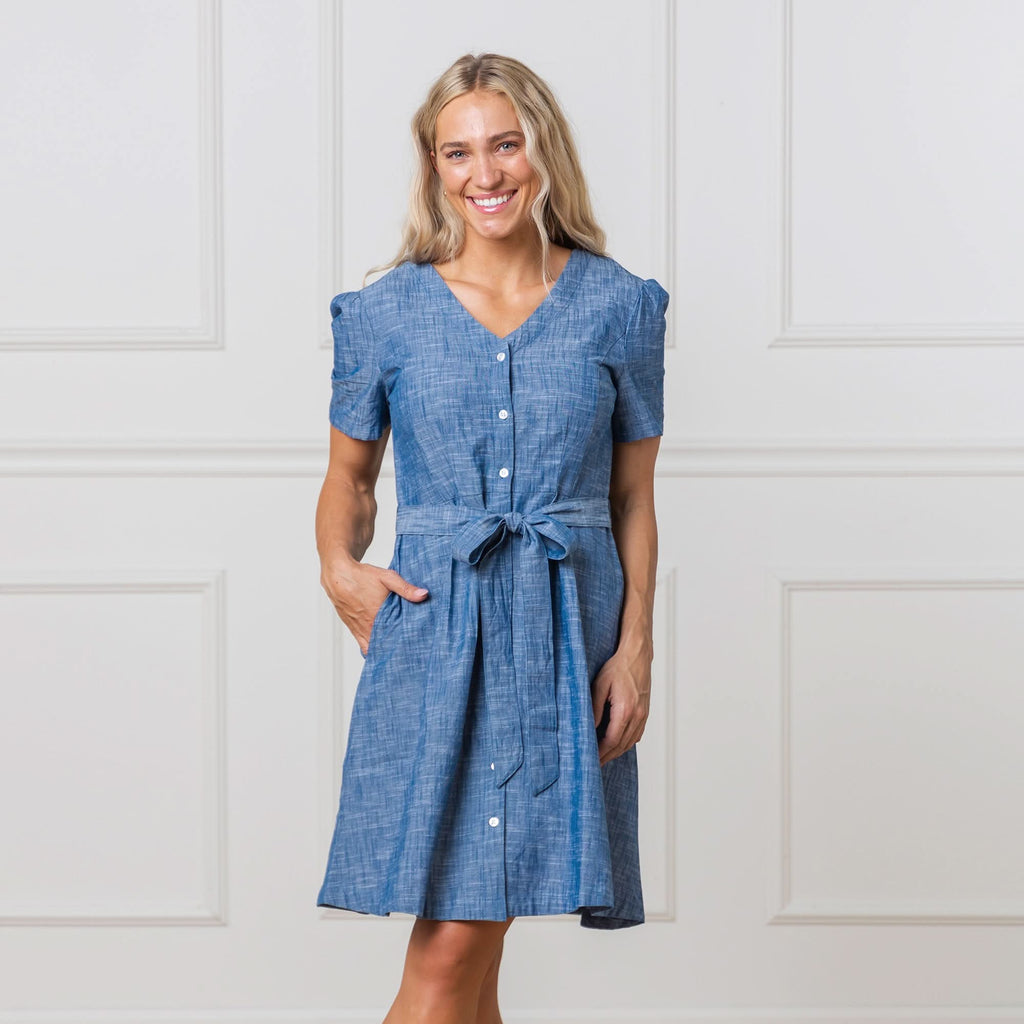 Women’s Organic Cotton Button-Front Dress – Blue Chambray