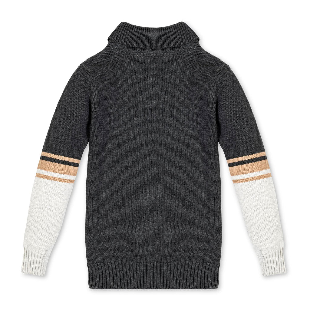 Kids’ Organic Cotton Shawl-Collar Sweater – Charcoal Stripe