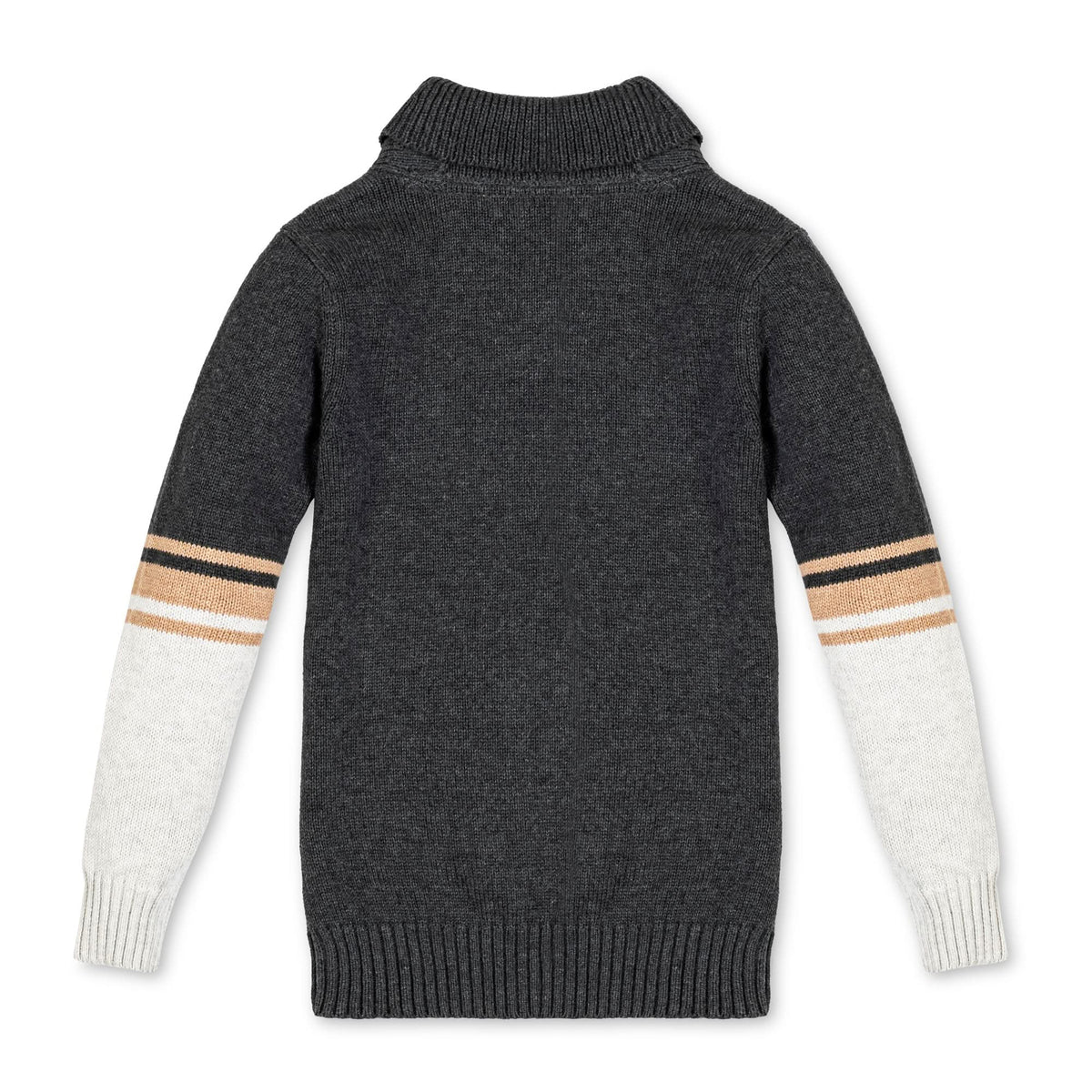 Kids’ Organic Cotton Shawl-Collar Sweater – Charcoal Stripe