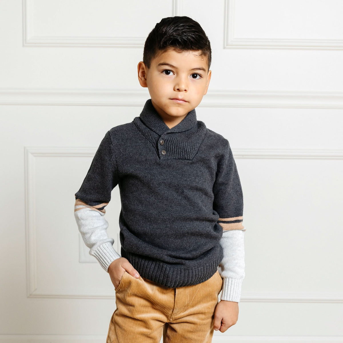 Kids’ Organic Cotton Shawl-Collar Sweater – Charcoal Stripe