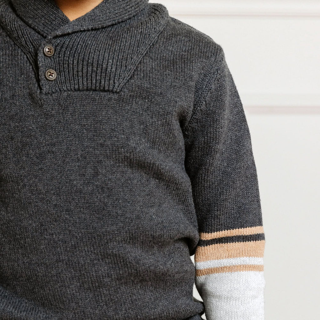 Kids’ Organic Cotton Shawl-Collar Sweater – Charcoal Stripe
