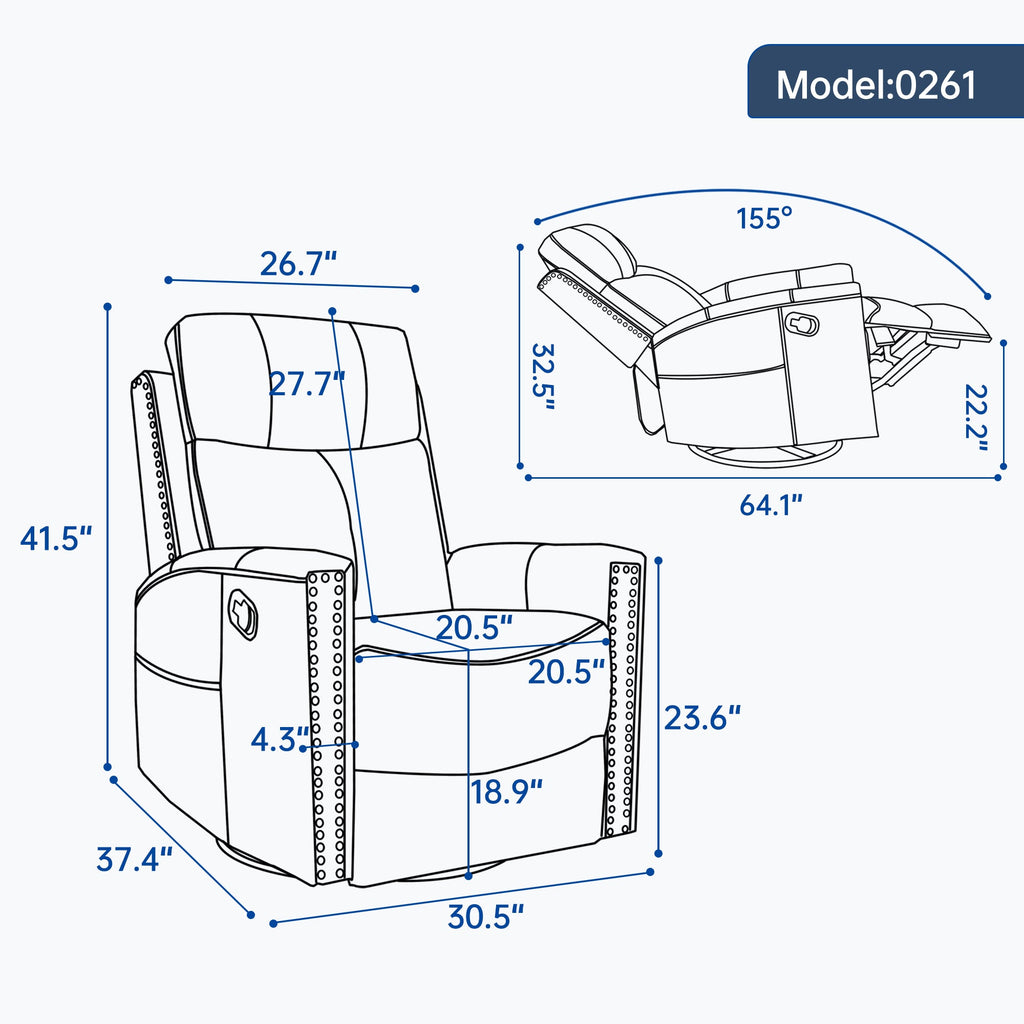 Genuine Leather Swivel Massage Recliner with Lumbar Heat