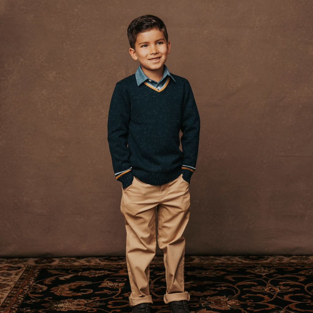Boys’ Organic Cotton Blend V-Neck Sweater – Navy Fleck