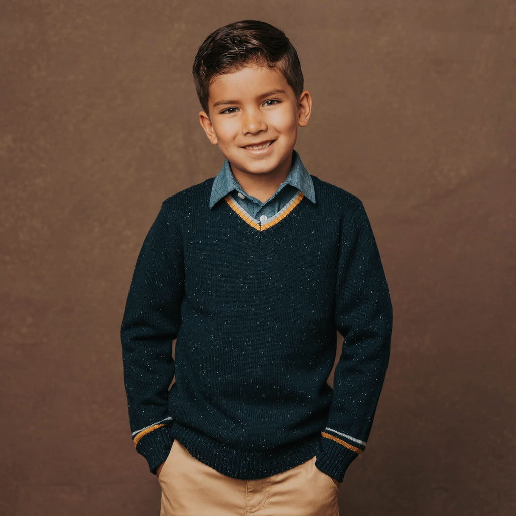 Boys’ Organic Cotton Blend V-Neck Sweater – Navy Fleck