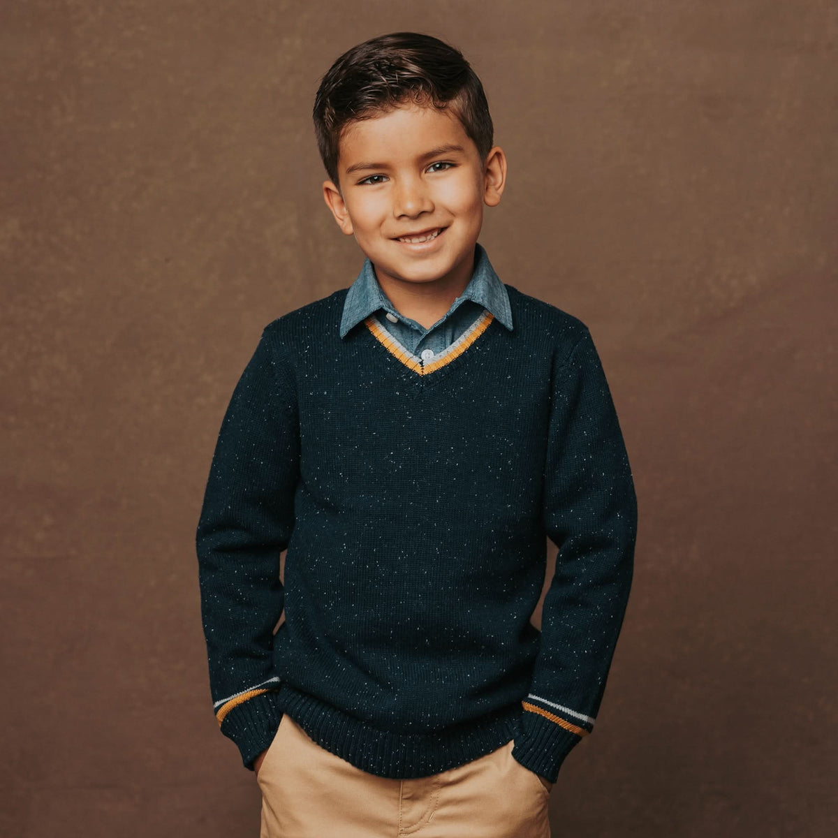 Boys’ Organic Cotton Blend V-Neck Sweater – Navy Fleck