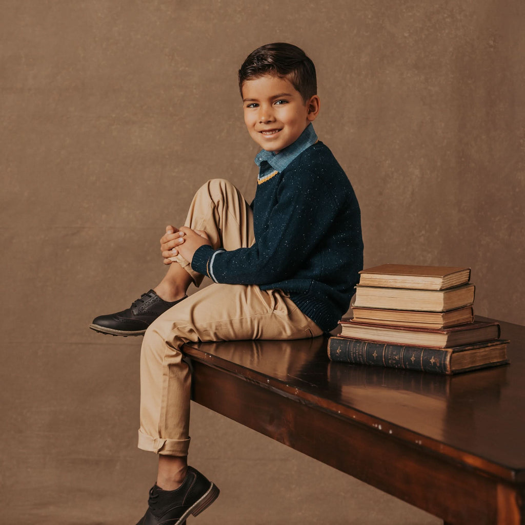 Boys’ Organic Cotton Blend V-Neck Sweater – Navy Fleck