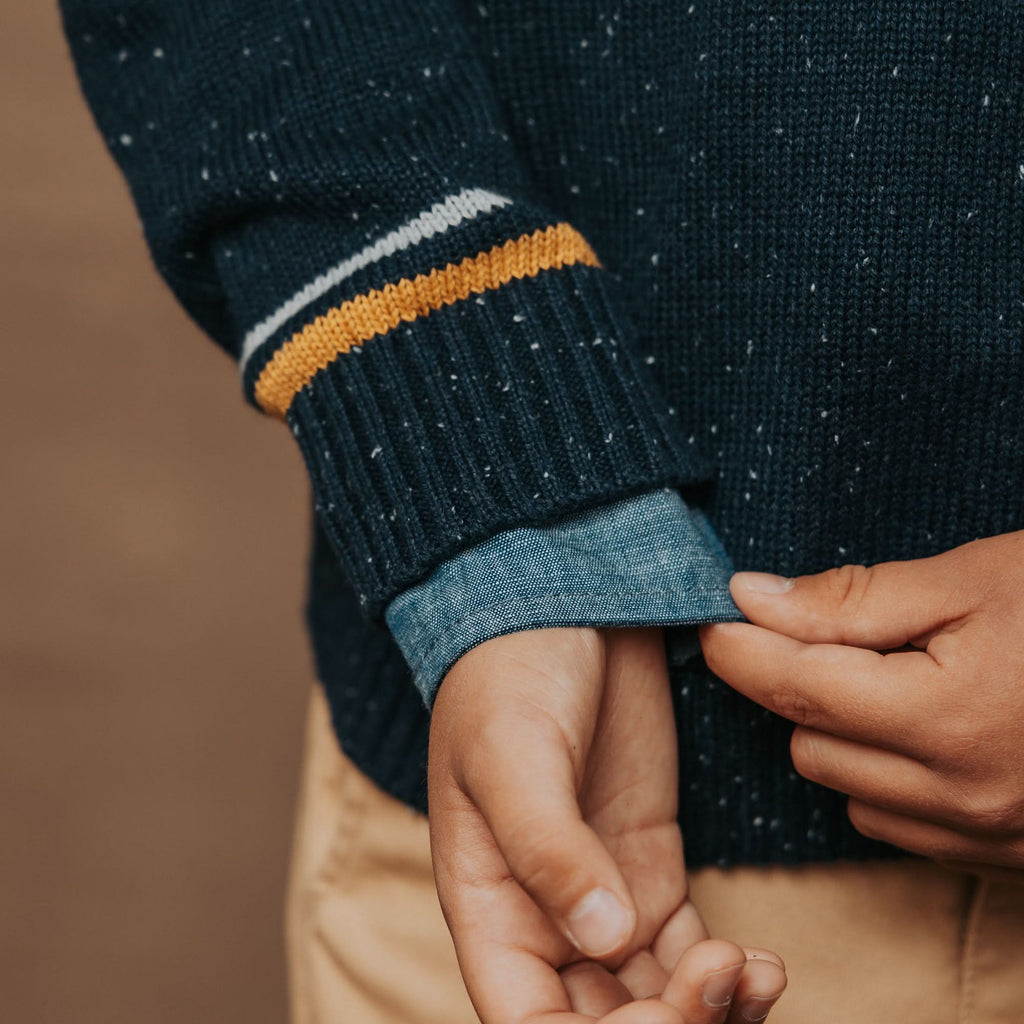 Boys’ Organic Cotton Blend V-Neck Sweater – Navy Fleck
