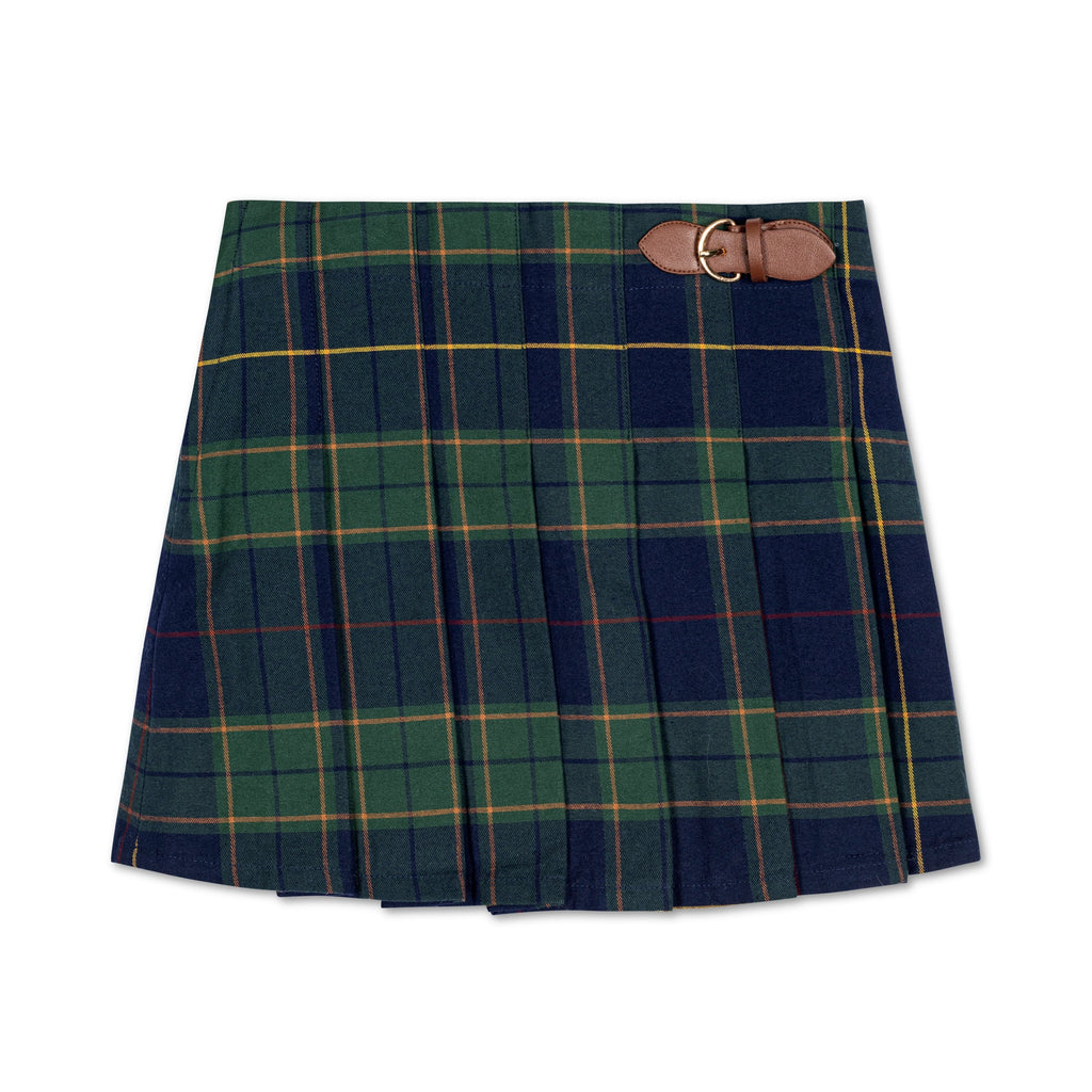 Girls’ Organic Cotton Pleated Buckle Skirt – Navy Plaid