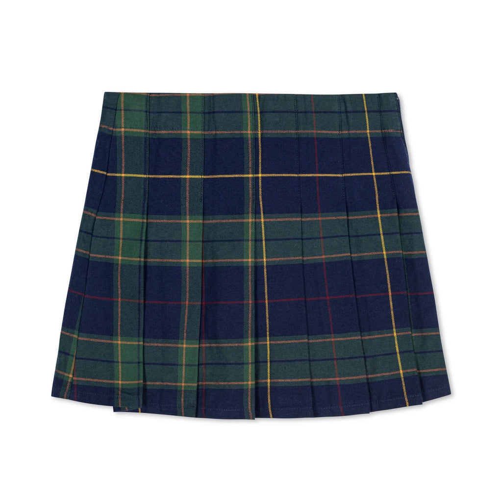 Girls’ Organic Cotton Pleated Buckle Skirt – Navy Plaid