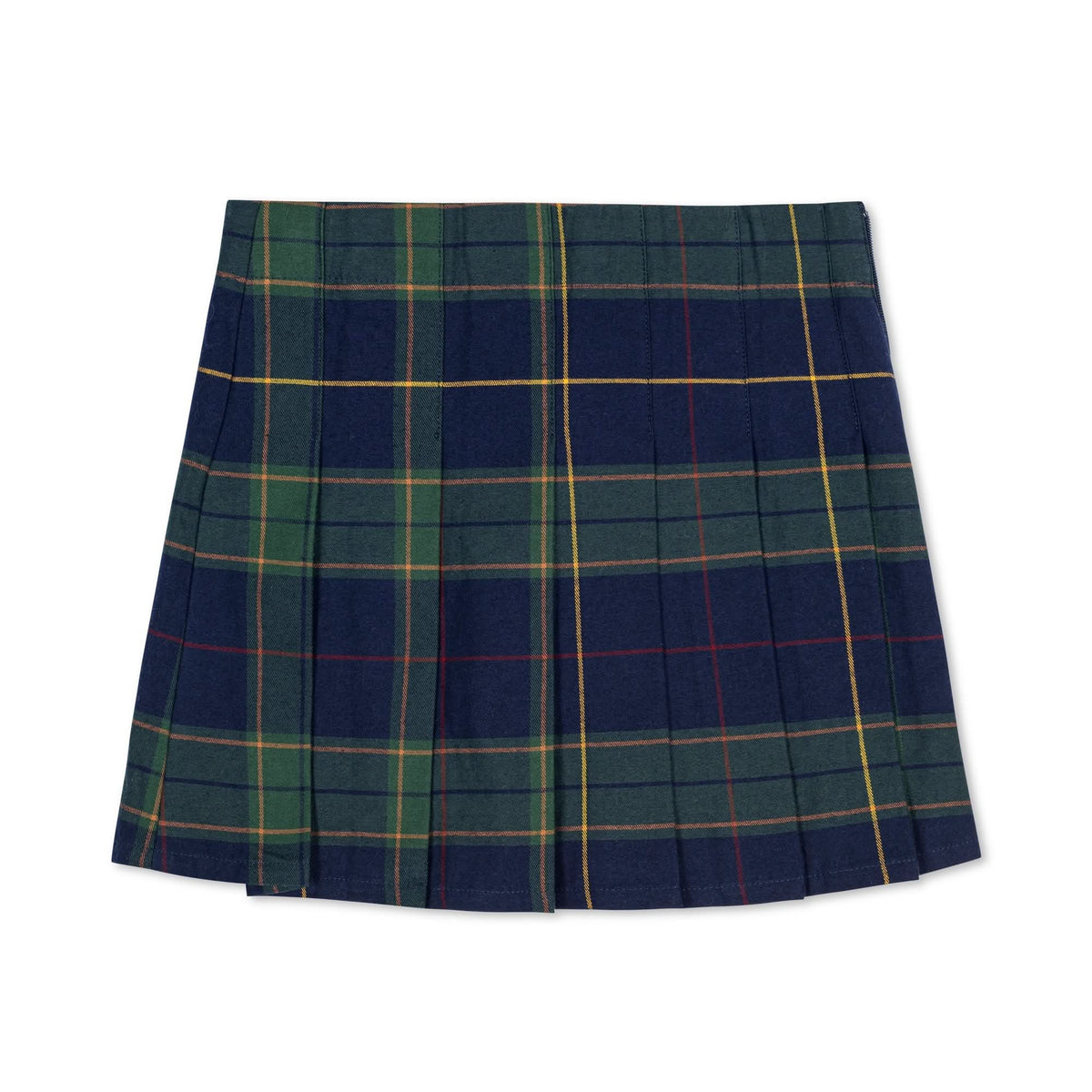 Girls’ Organic Cotton Pleated Buckle Skirt – Navy Plaid