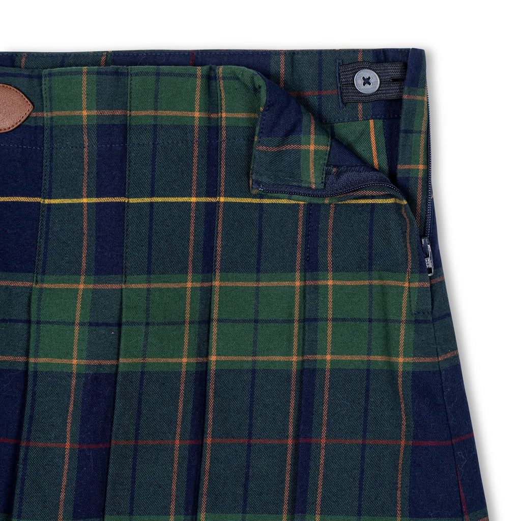 Girls’ Organic Cotton Pleated Buckle Skirt – Navy Plaid