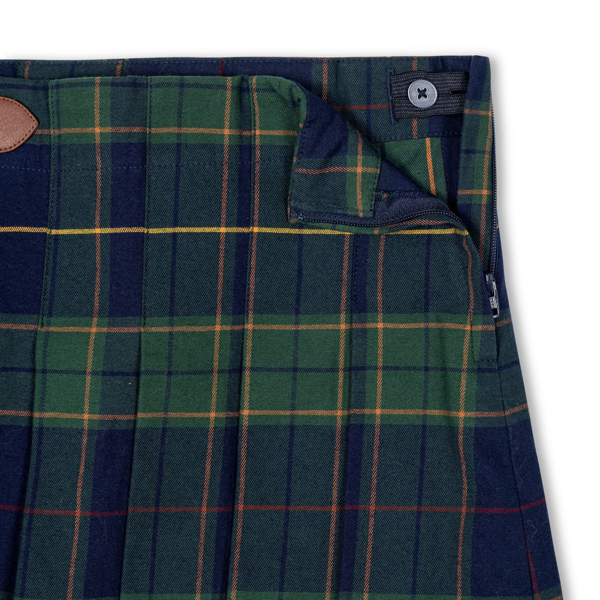 Girls’ Organic Cotton Pleated Buckle Skirt – Navy Plaid