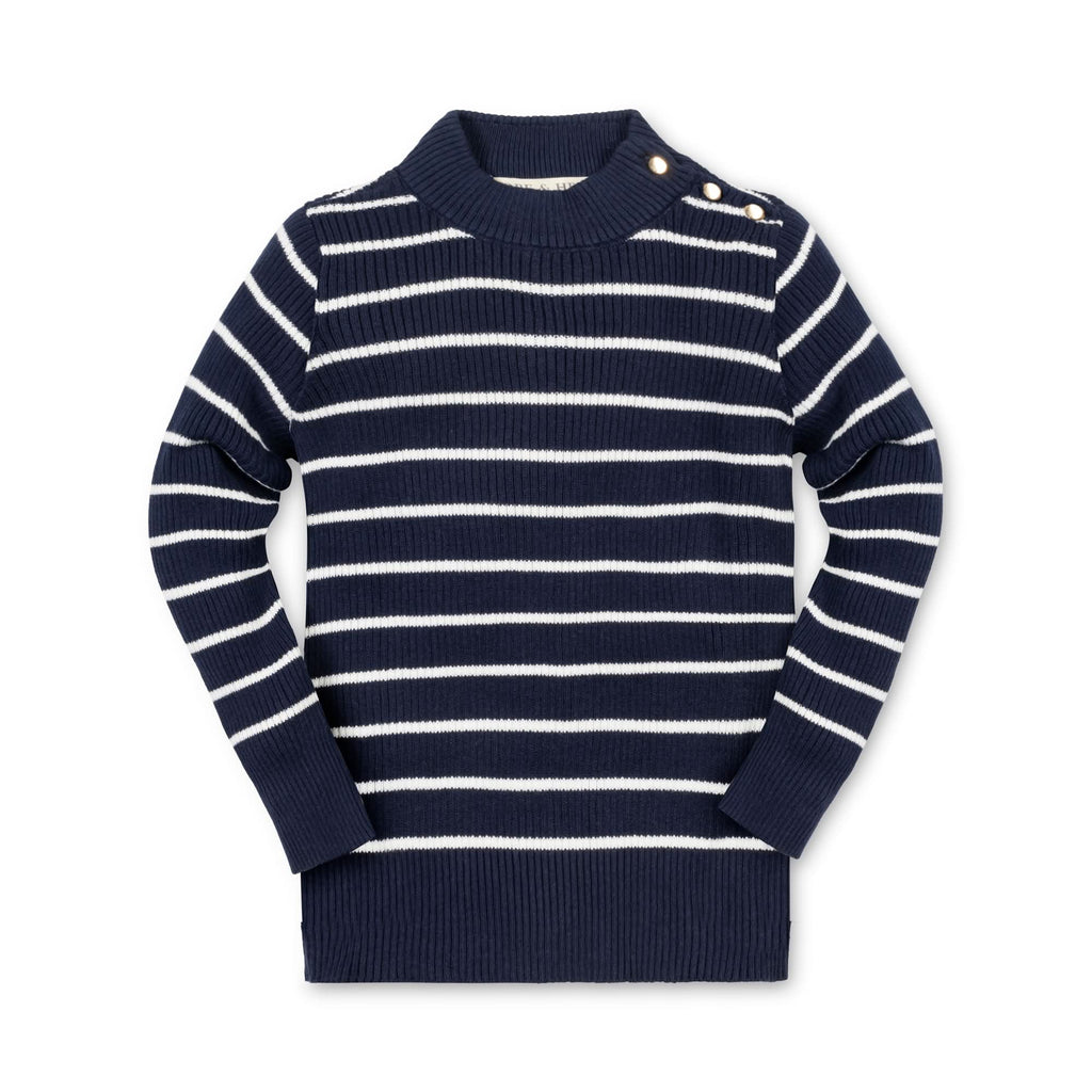 Girls’ Organic Cotton Mock-Neck Sweater – Navy Breton Stripe