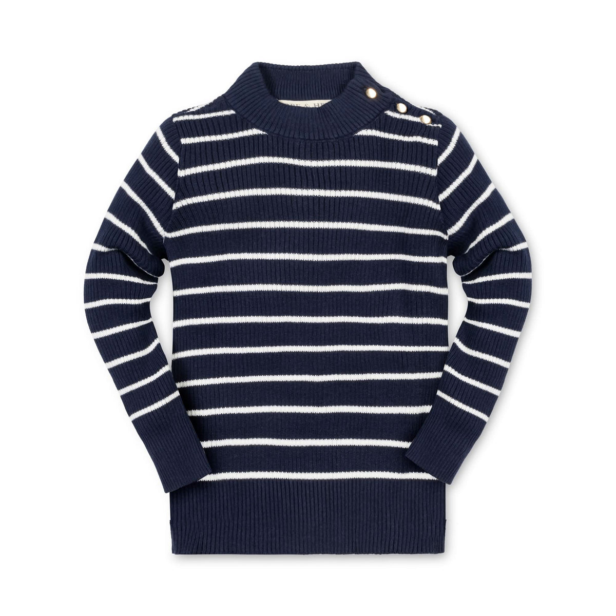Girls’ Organic Cotton Mock-Neck Sweater – Navy Breton Stripe