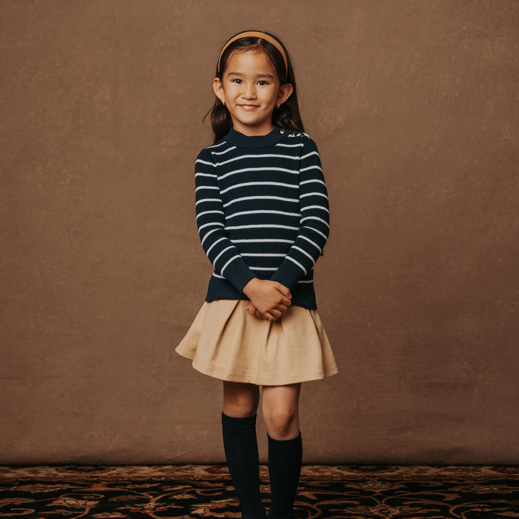 Girls’ Organic Cotton Mock-Neck Sweater – Navy Breton Stripe
