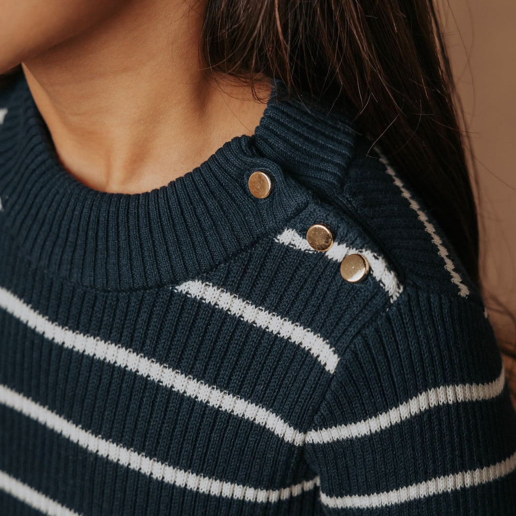 Girls’ Organic Cotton Mock-Neck Sweater – Navy Breton Stripe
