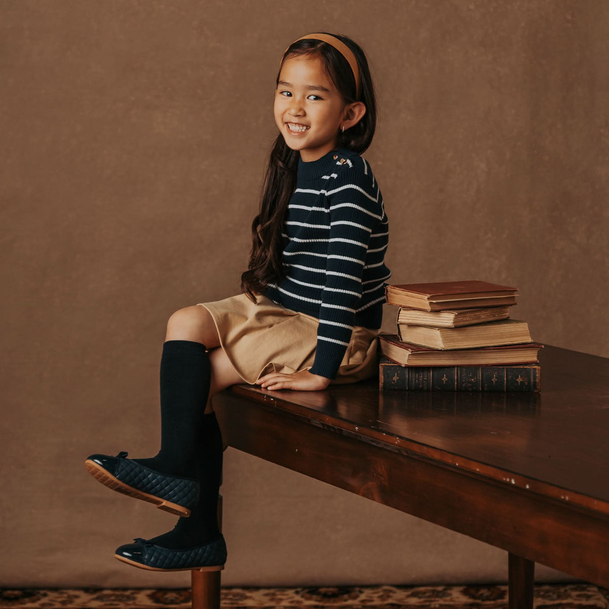 Girls’ Organic Cotton Mock-Neck Sweater – Navy Breton Stripe