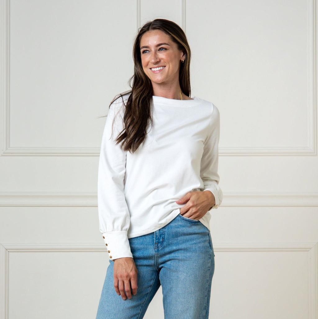 Hope & Henry Organic Cotton-Blend Bell Sleeve Knit Top | Soft White