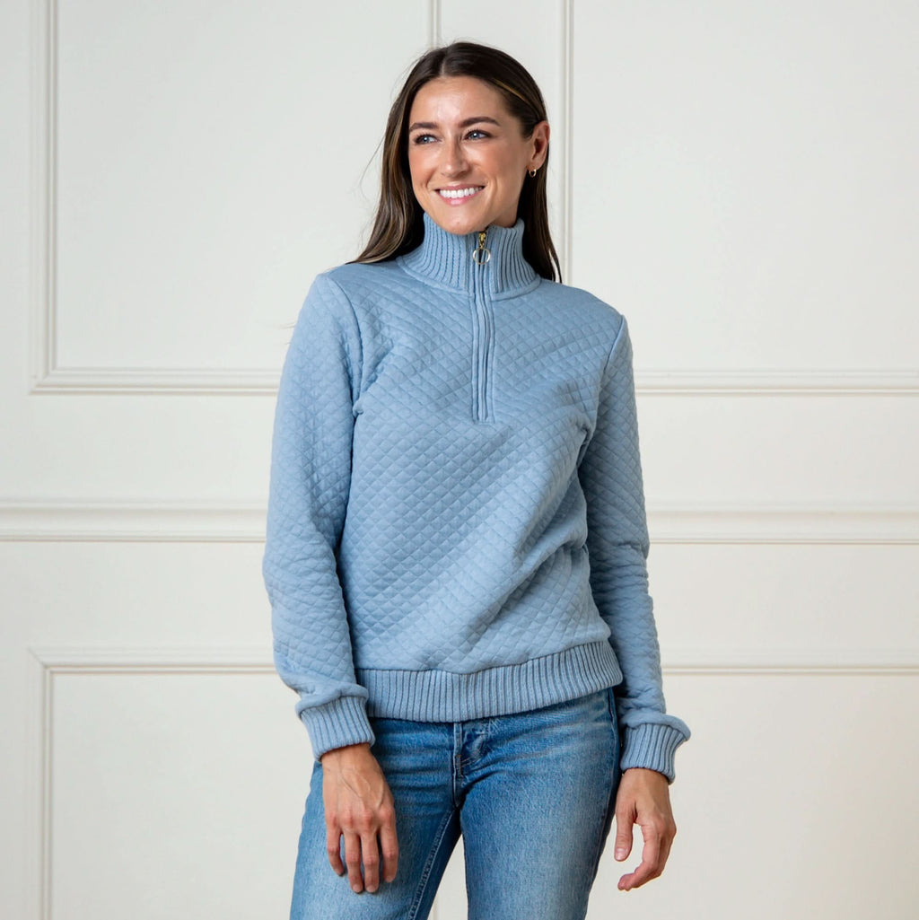 Hope & Henry Women's Organic Cotton Quilted Half-Zip Pullover | Dusty Blue
