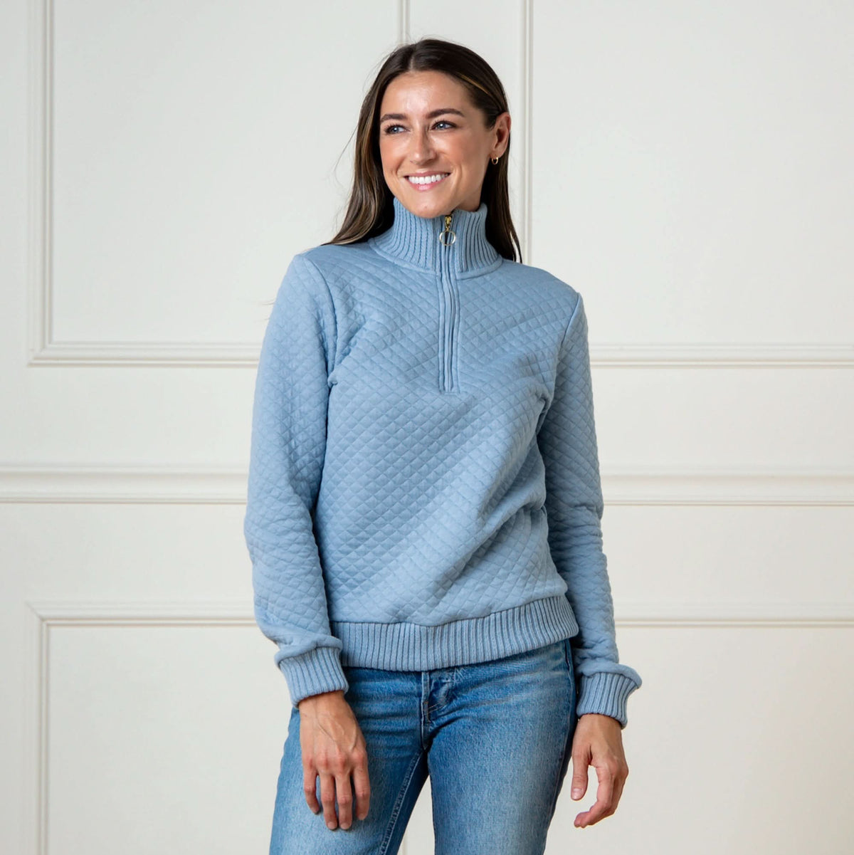 Hope & Henry Women's Organic Cotton Quilted Half-Zip Pullover | Dusty Blue