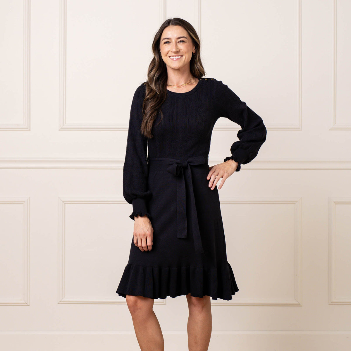 Women’s Organic Cotton Blend Cable-Knit Sweater Dress – Black
