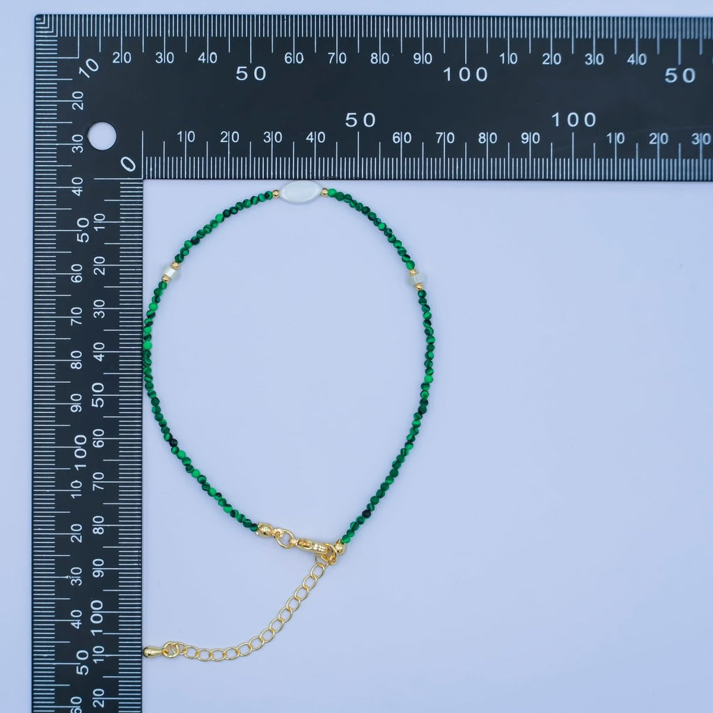 24K Gold Filled 2mm Shell Pearl Malachite Multifaceted Gemstone 9 Inch Anklet Bracelet | WA-2946