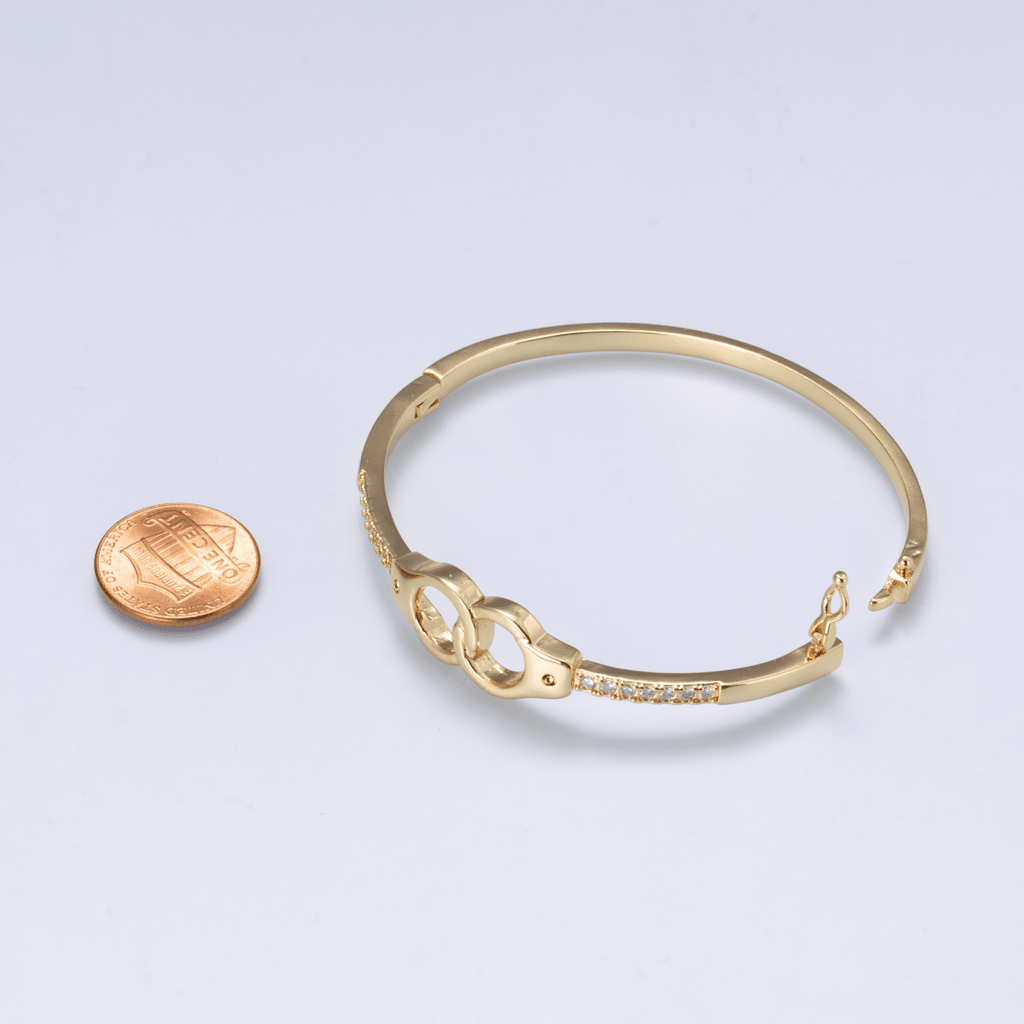 24K Gold Filled 3mm Interlock Handcuff Micro Paved CZ Bangle Bracelet | WA-04742