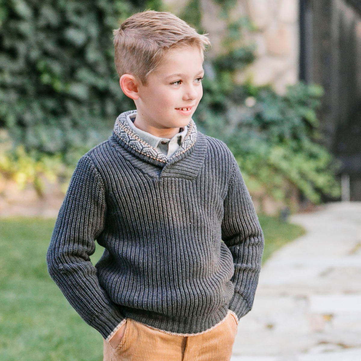 Hope & Henry Boys' Organic Cotton Shawl Collar Sweater | Charcoal Heather