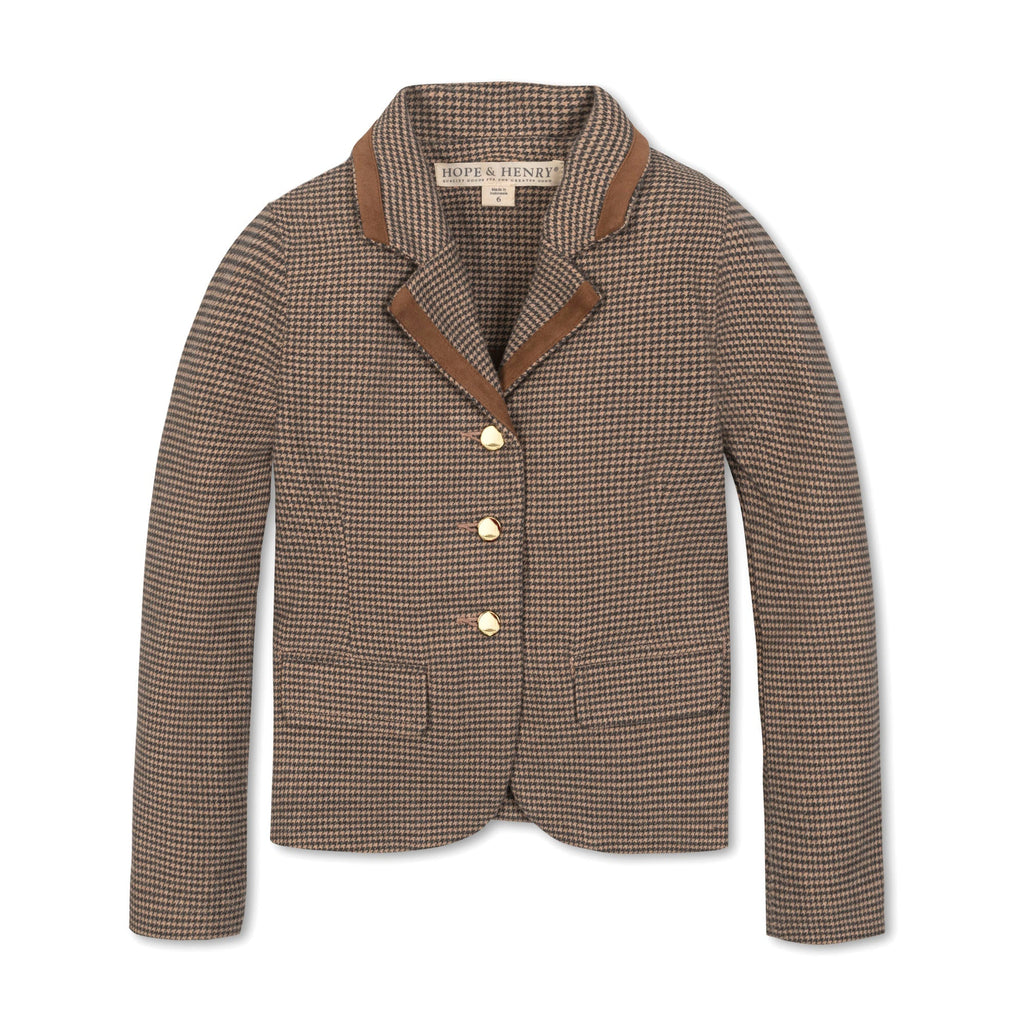 Girls’ Organic Cotton Blazer – Camel Houndstooth