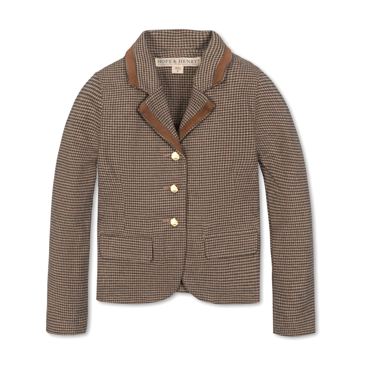 Girls’ Organic Cotton Blazer – Camel Houndstooth