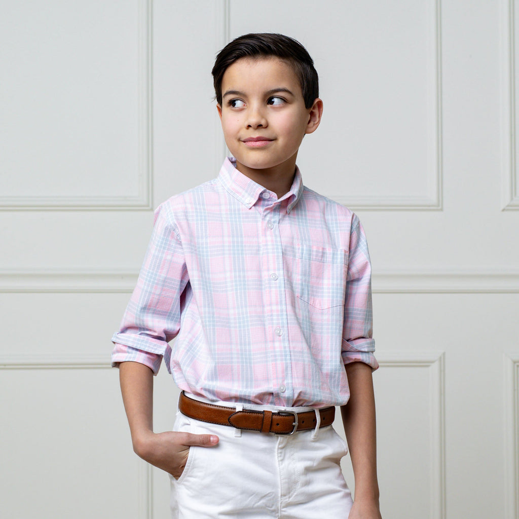 Hope & Henry Boys' Organic Cotton Stretch Poplin Shirt | Pink Petal Plaid