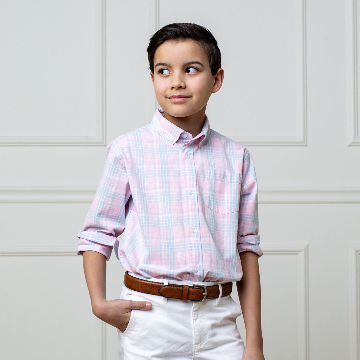 Hope & Henry Boys' Organic Cotton Stretch Poplin Shirt | Pink Petal Plaid