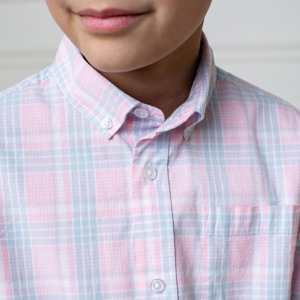 Hope & Henry Boys' Organic Cotton Stretch Poplin Shirt | Pink Petal Plaid