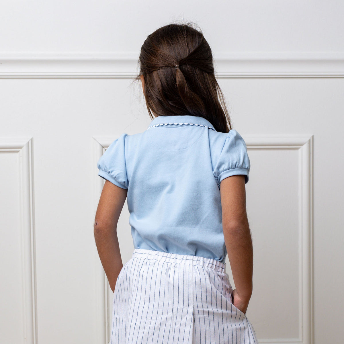 Girls’ Organic Cotton Blend Puff-Sleeve Polo – Classic Blue